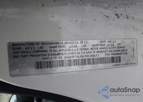 2012 Volkswagen Jetta 2.5L Se из США, поврежденный, VIN 3VWDP7AJ0CM326571